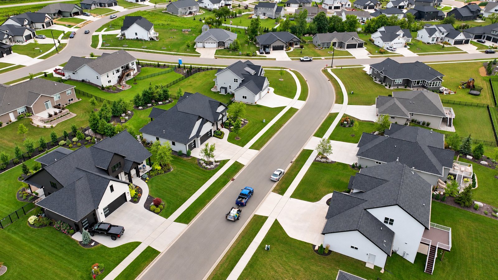 Aerial view of a neighborhood road and homes in Southeastern Wisconsin