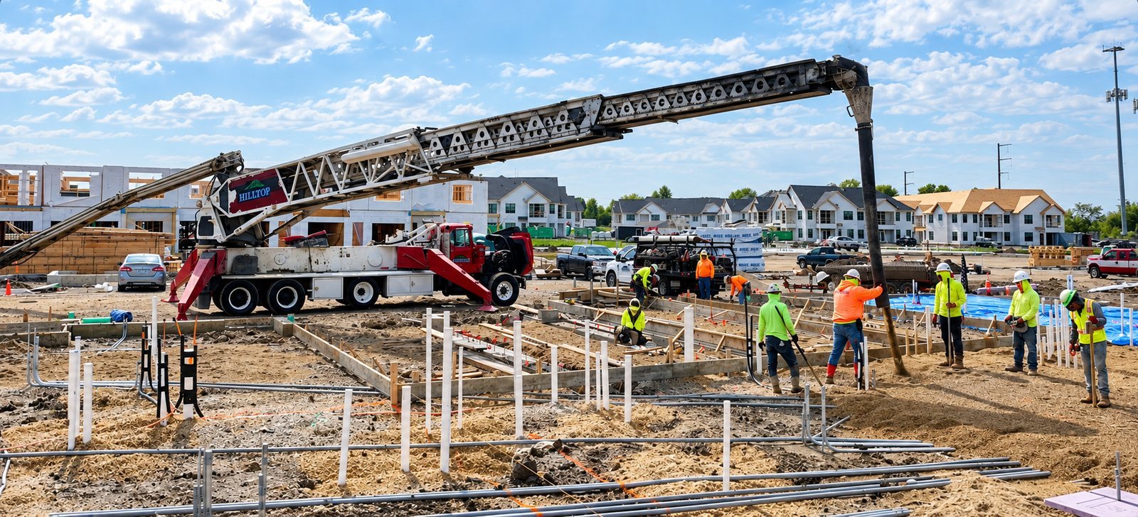 Construction crew and equipment on a hilltop job site in Southeastern Wisconsin