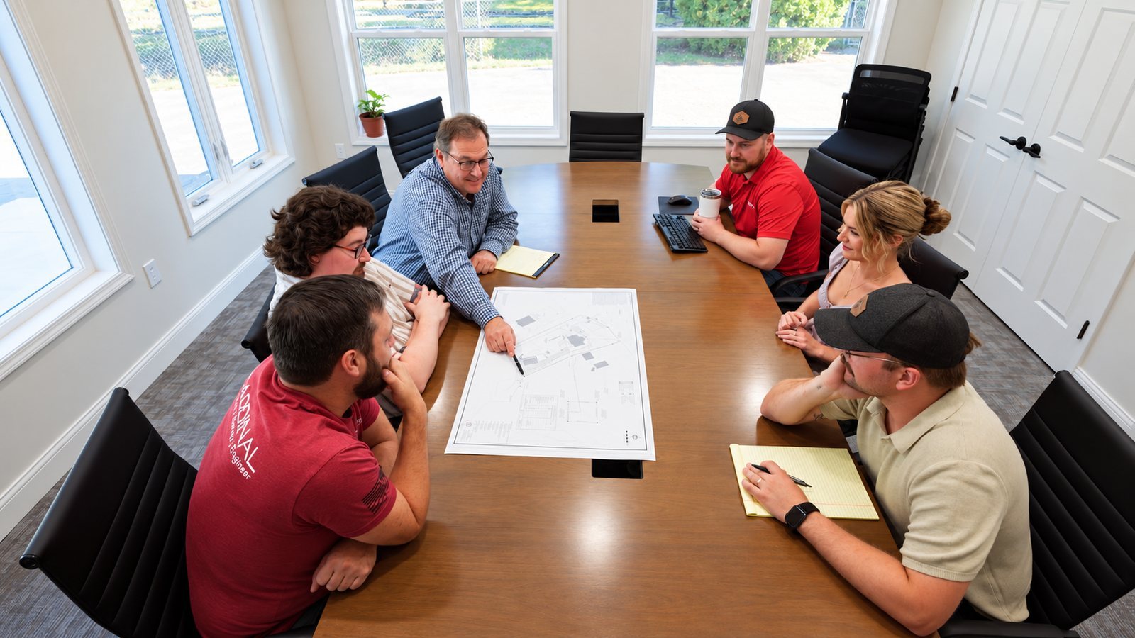 Overhead view of a contractor team planning around a blueprint