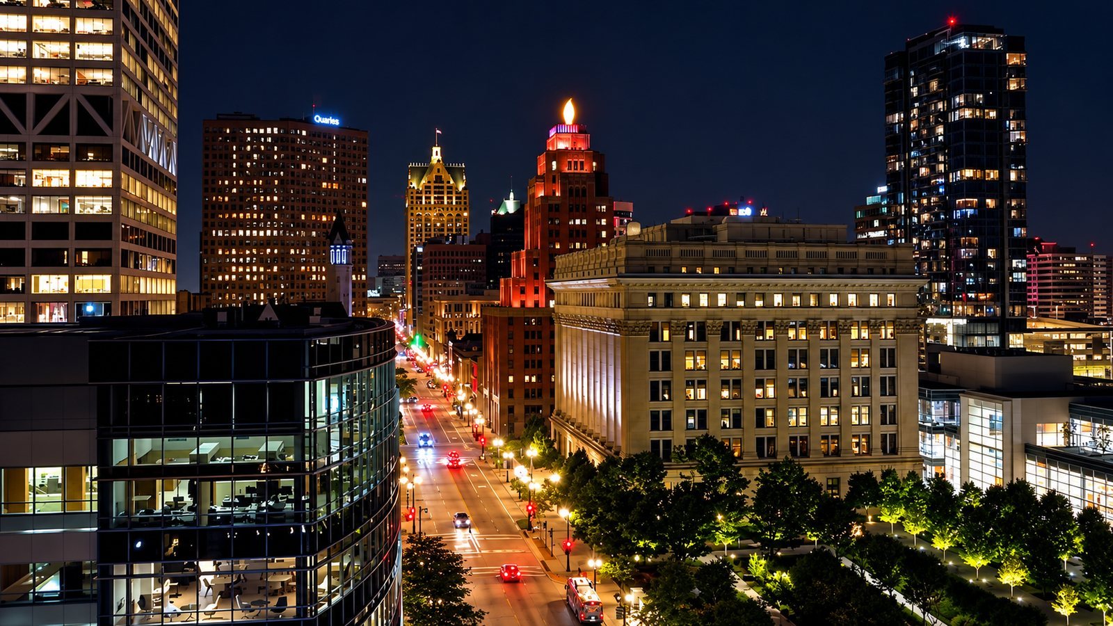 Downtown Milwaukee office towers and streets at night from a drone