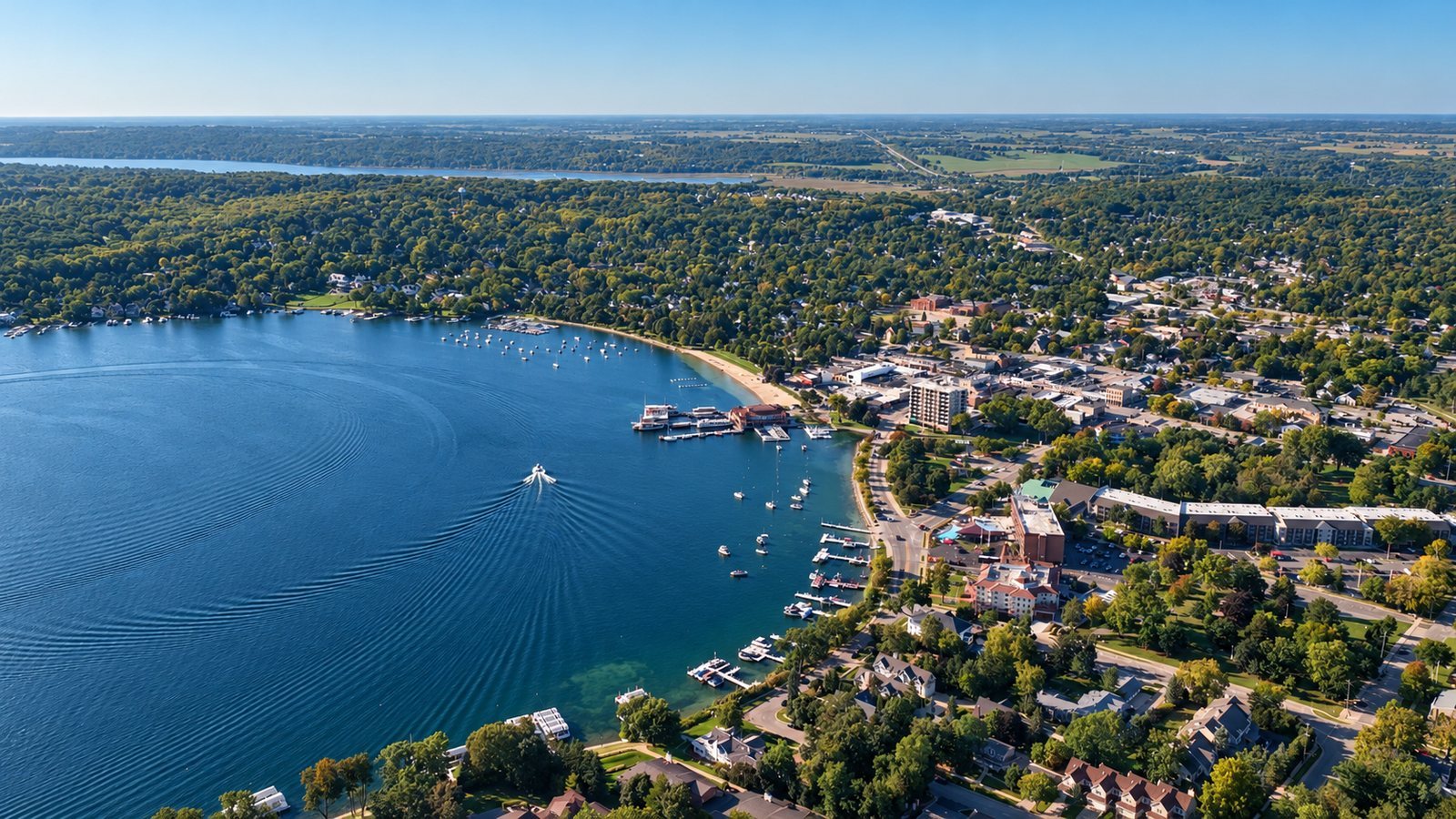 Drone view of a Wisconsin lakefront town with boats on the water
