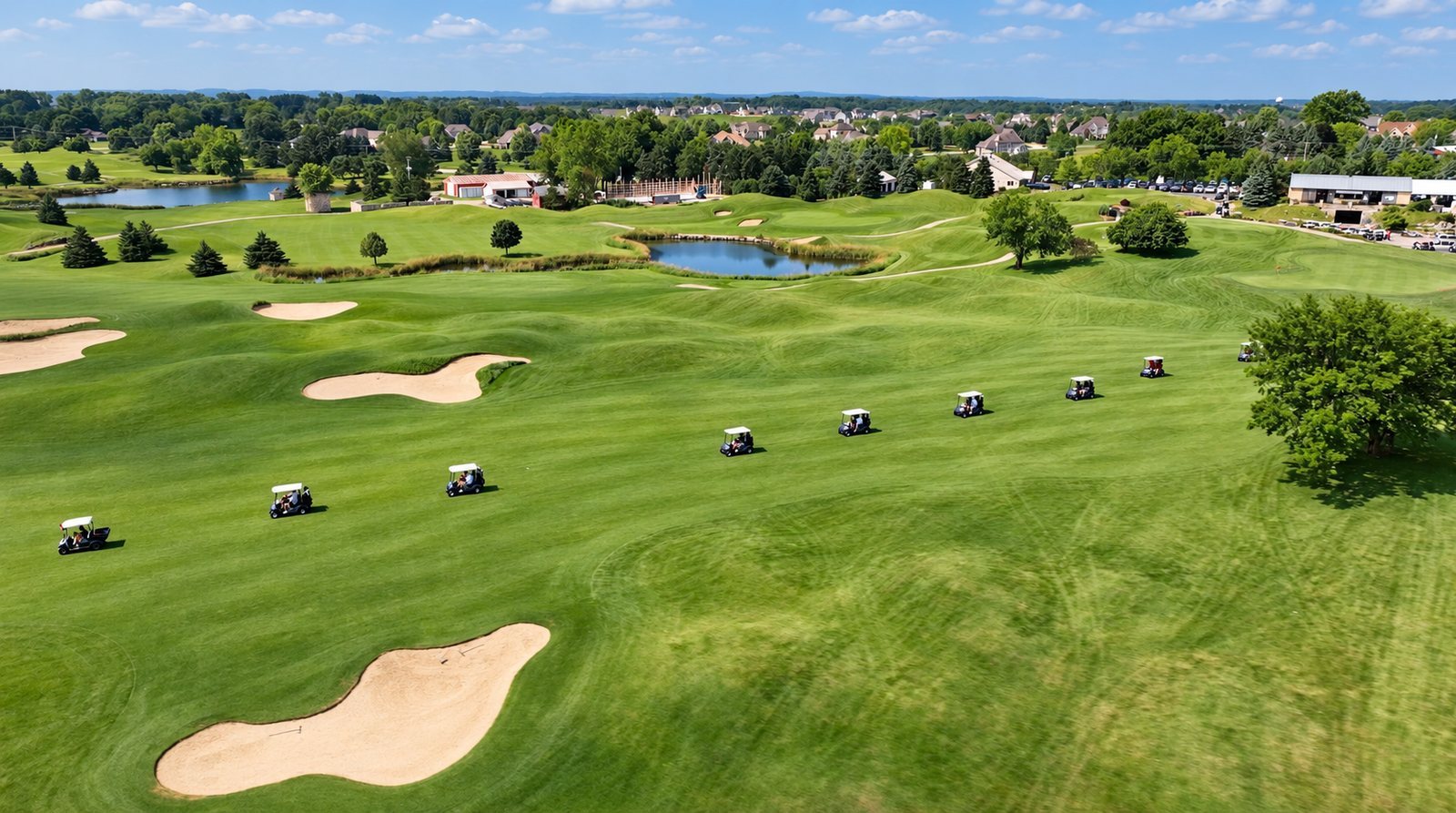 Aerial of a Wisconsin golf course with ponds and carts during an association outing