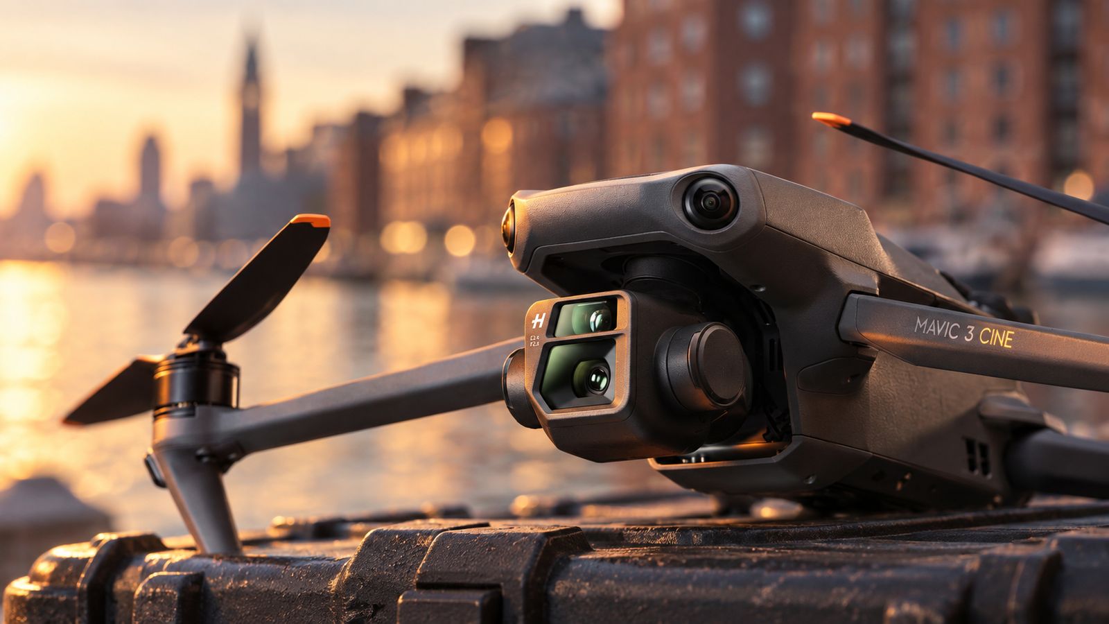 Illustration of a DJI Mavic 3 camera drone resting on its case