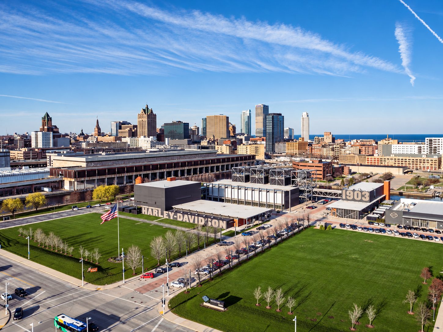 Daytime aerial of the Milwaukee skyline and Menomonee Valley