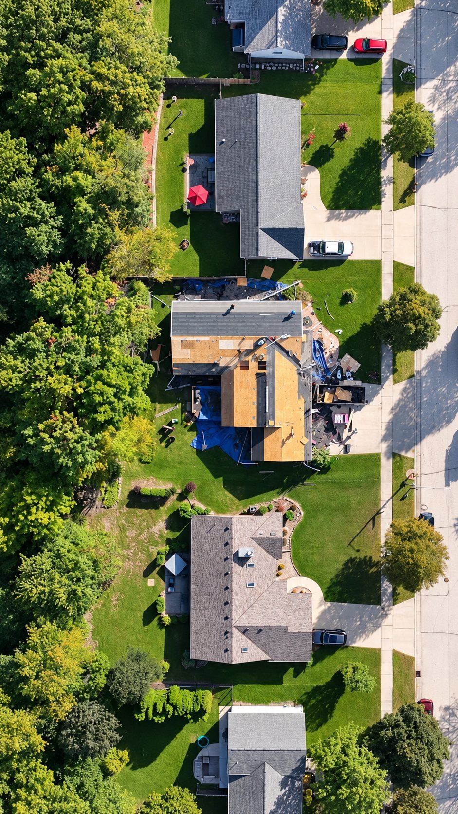 Aerial view of a roof under construction, drone photo for a roofing contractor