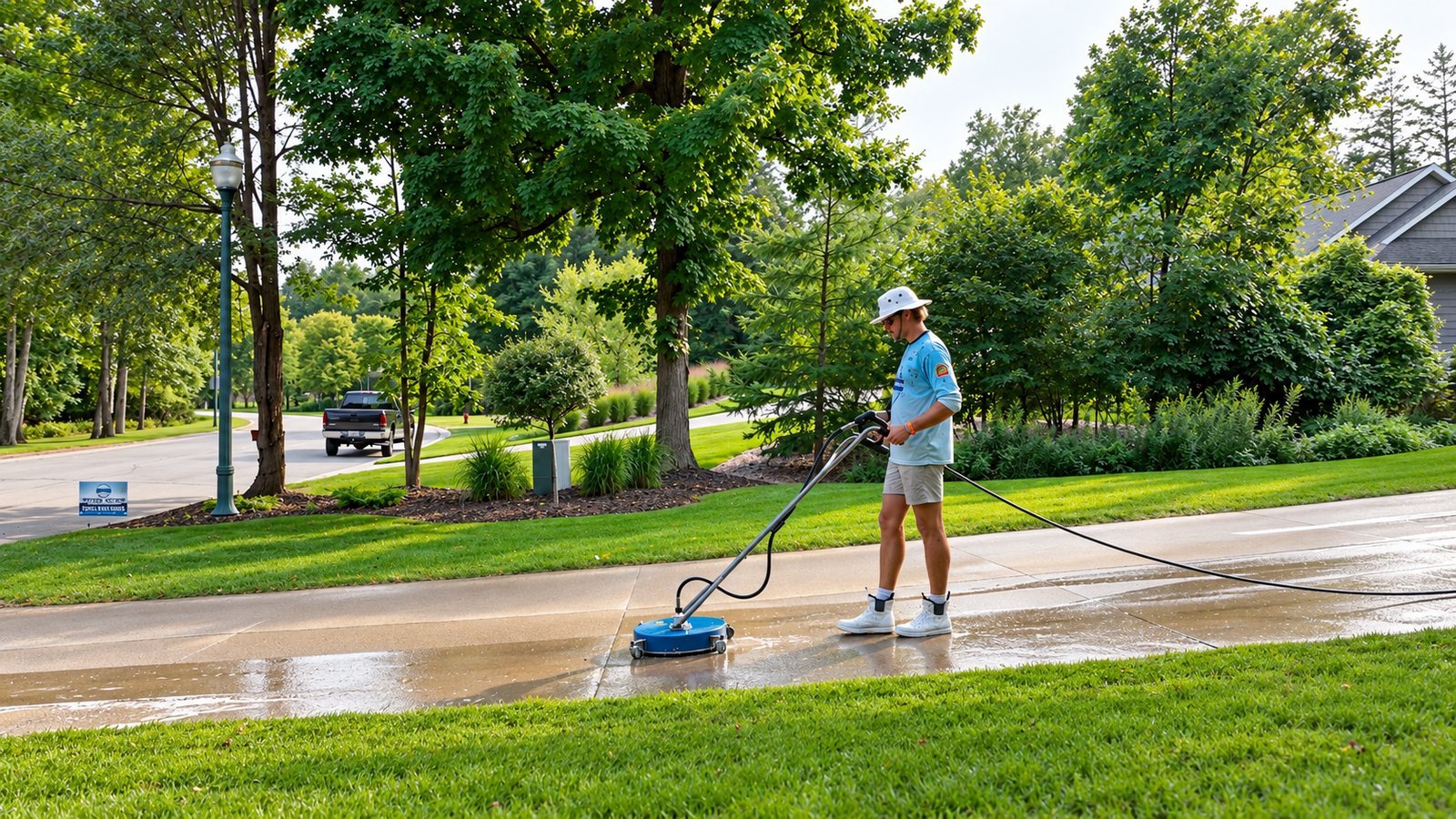 Worker pressure washing a driveway in front of a Wisconsin home