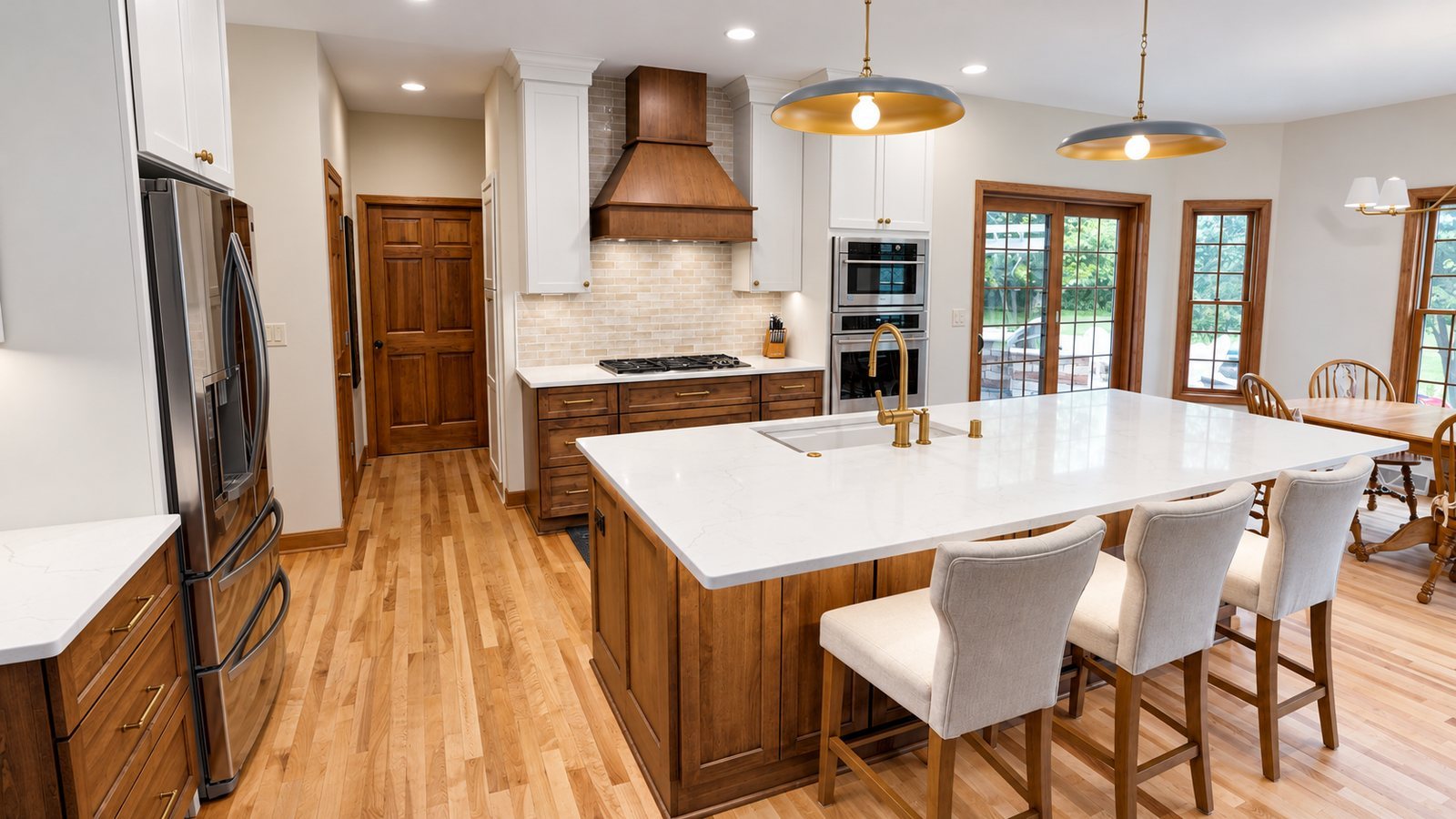 Warm remodeled kitchen with island filmed for a remodeler walkthrough video