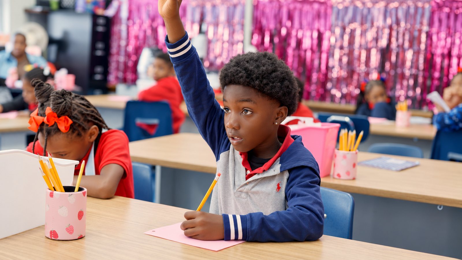 Student raising a hand in a classroom during a school marketing video shoot