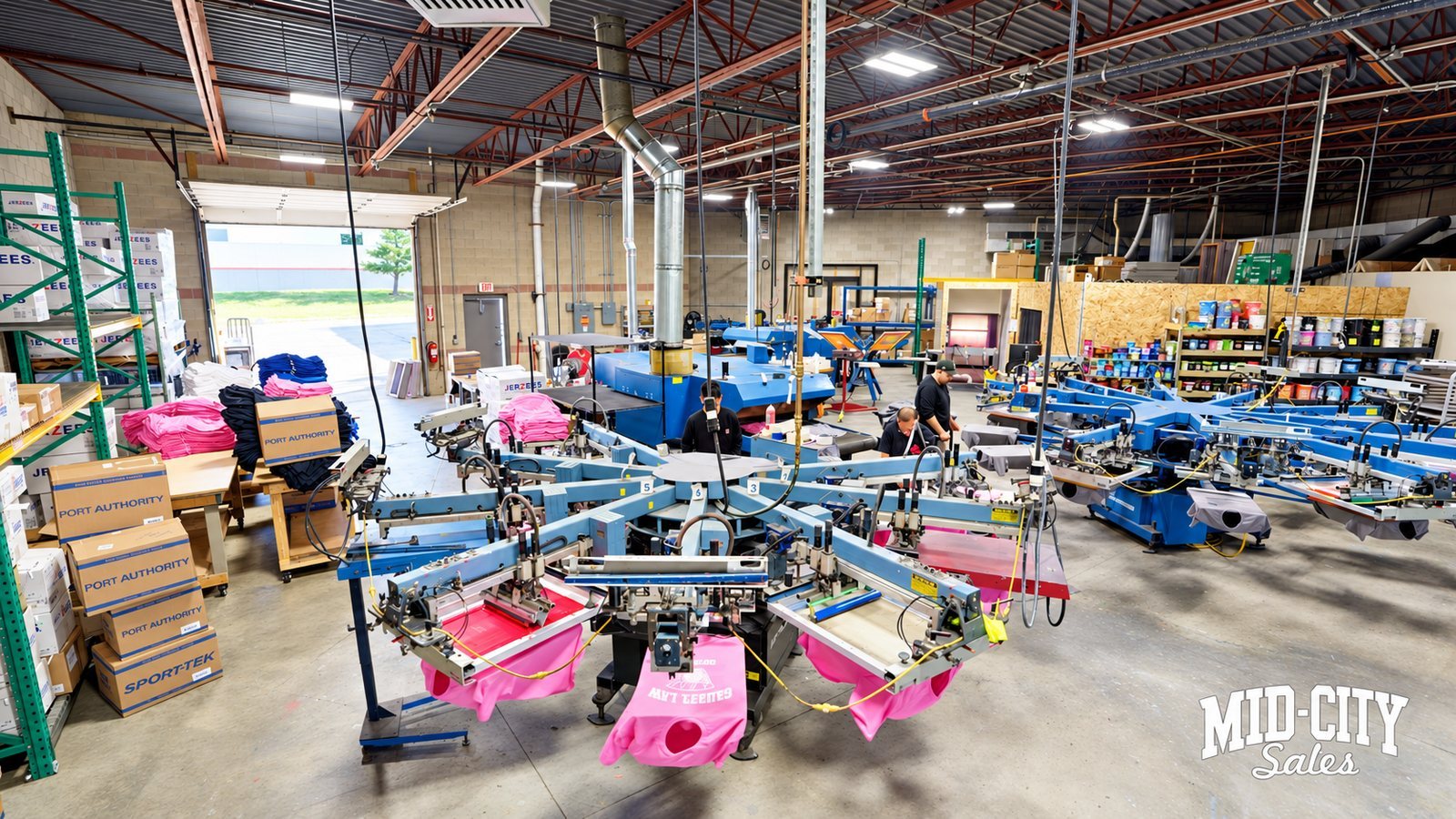 Screen printing press inside a Milwaukee print shop