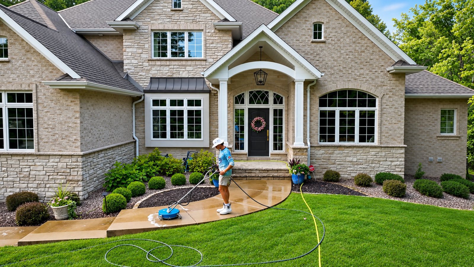 Pressure washing contractor cleaning the front of a stone home