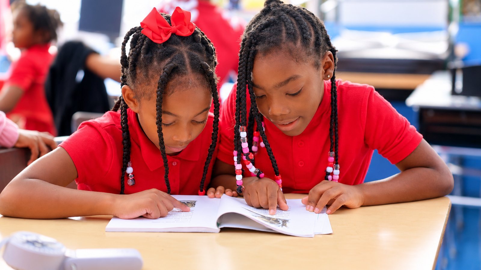 Two students reading together in a classroom during a school marketing video shoot