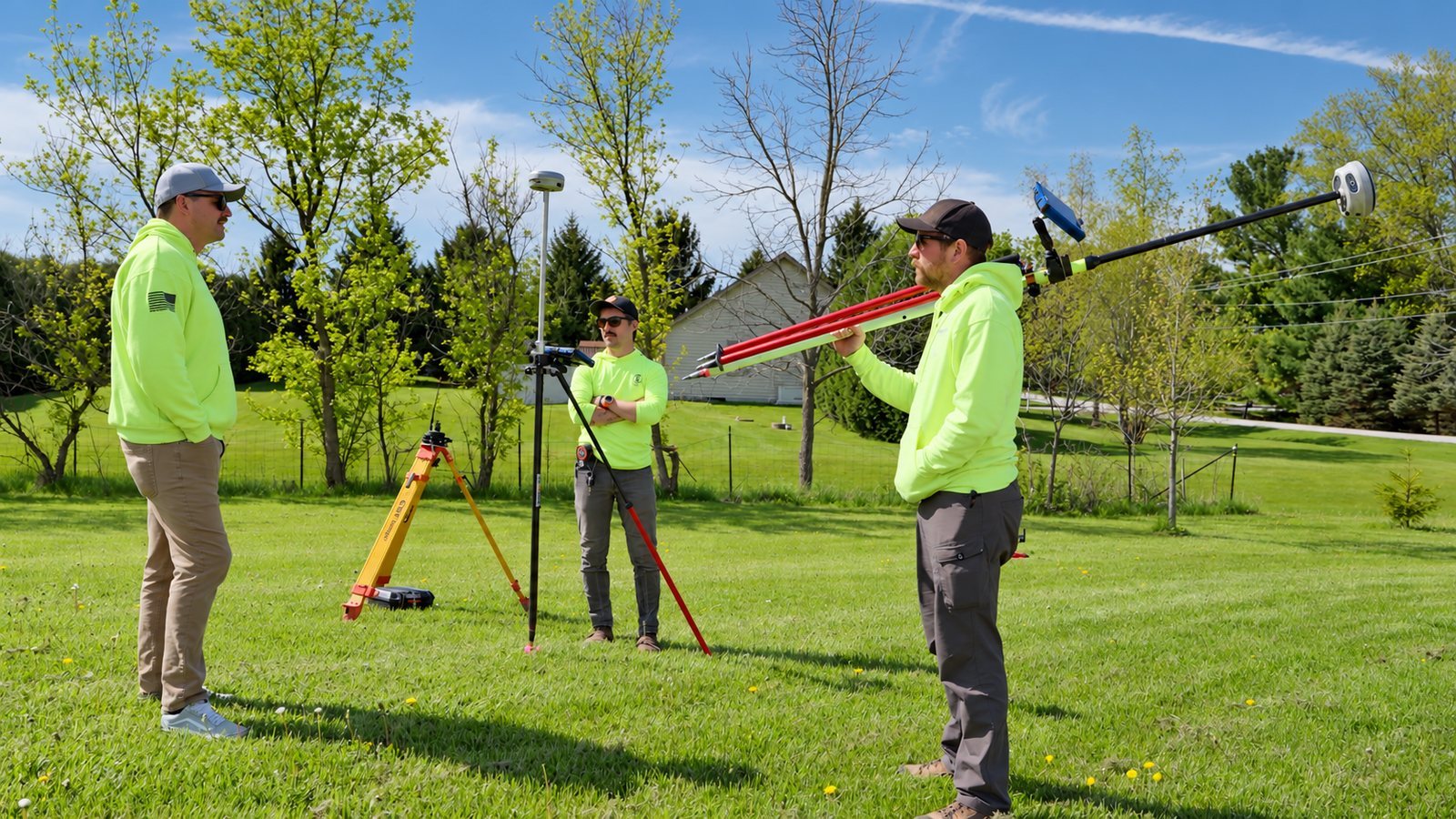 Three surveyors with field equipment on a sunny day